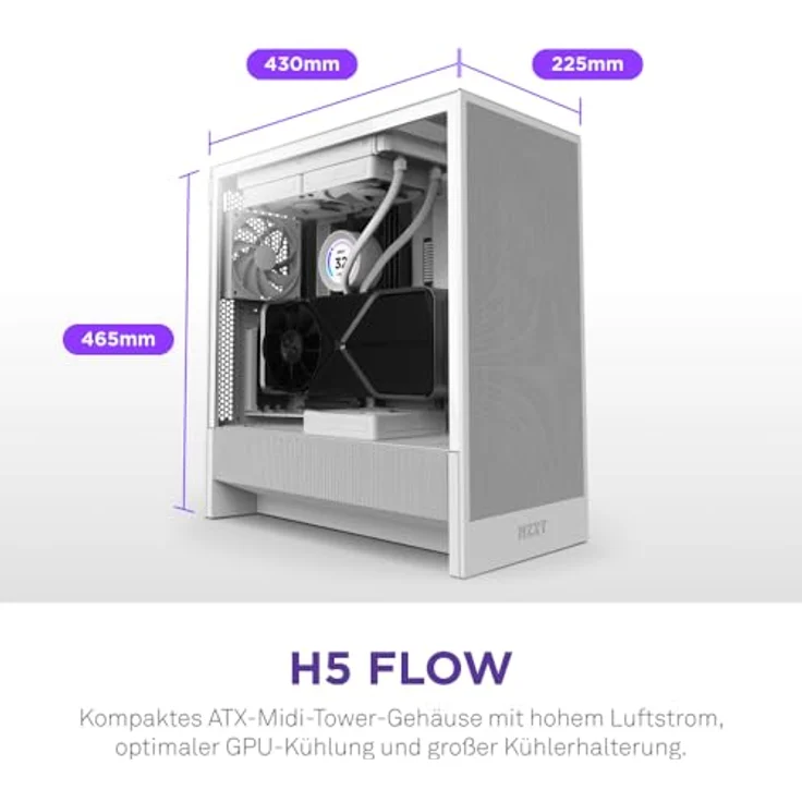 NZXT H5 Flow – Kompaktes ATX-Midi-Tower-PC-Gaming-Gehäuse – Hoher Luftstrom – mit 2 x 120 mm Lüfter – 360 mm vorne & 240 mm – Weiß – Bild 2