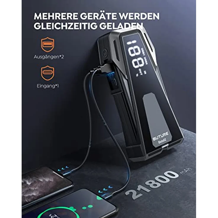 BuTure Starthilfe Powerbank, 3000A Spitzenstrom 21800mAh Tragbare 12V Auto Starthilfe für 8.5L Benzin und 8.0L Dieselmotor,Starthilfegerät mit LED Taschenlampe – Bild 3
