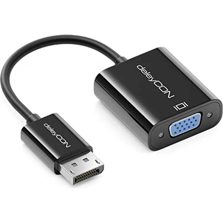 deleyCON DisplayPort auf VGA Adapter Konverter, Stecker auf Buchse für PC/Monitor, 18,2 cm, Schwarz