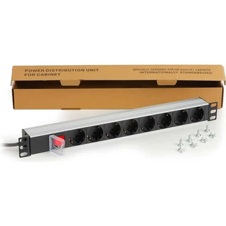 LINK LKMP08S, Mehrfachsteckdose 19 Zoll mit 8 Schuko-Steckdosen, Schalter und umkehrbaren Halterungen, 16 A, für Rackschränke