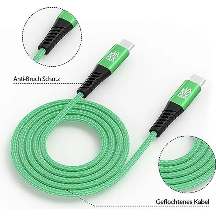 JAMEGA - USB Typ C Kabel Grün 2m | Fast Charge und Datenübertragung für iPhone 15 Pro Max iPad Pro Air Samsung Macbook Tablets Huawei – Bild 3