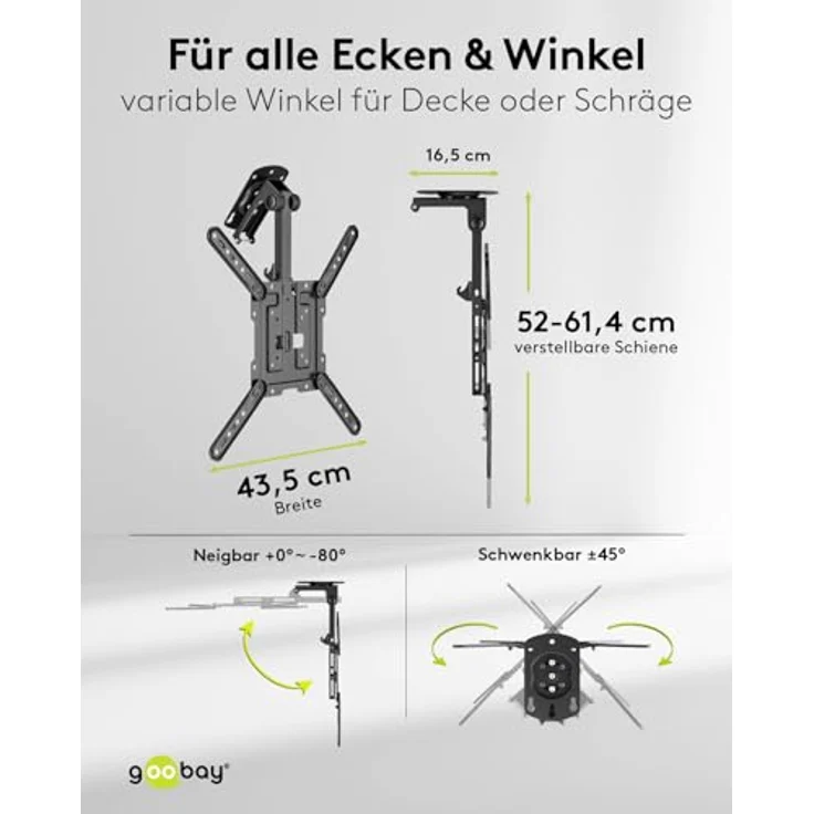 goobay TV-Deckenhalterung für Fernseher von 23 bis 55 Zoll (58 – 140 cm), TV Halterung, max. 20 kg, seitlich schwenkbar, Deckenwinkel einstellbar, mit Hochklapp- und Verriegelungsfunktion, 70824, schwarz – Bild 3