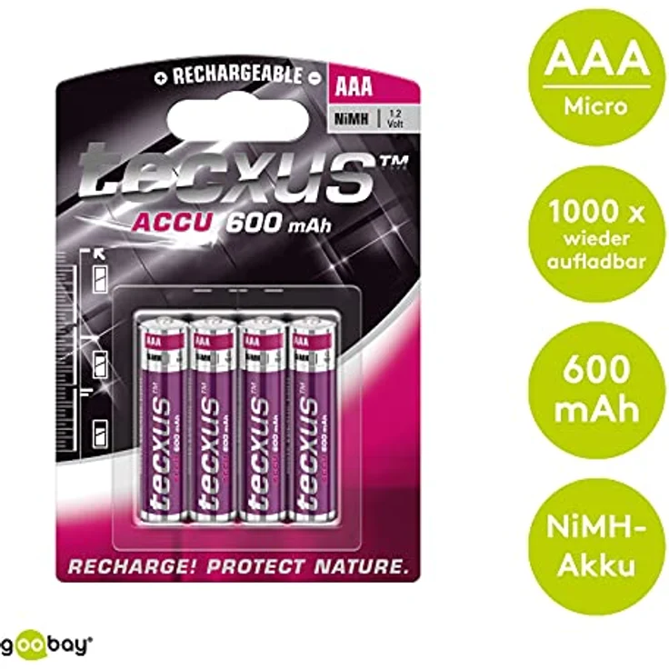 Tecxus 14112 Micro AAA (1,2V, 600mAh) Akku, 4-er Pack – Bild 3