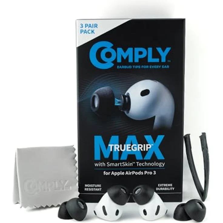 Comply TrueGrip MAX, Premium Memory Schaumstoff Ohrstöpsel für Apple AirPods Pro (3. Generation), SmartSkin™-Technologie, hervorragende Geräuschisolierung, schwarz, Sortiert S/M/L, 3 Paar – Bild 1
