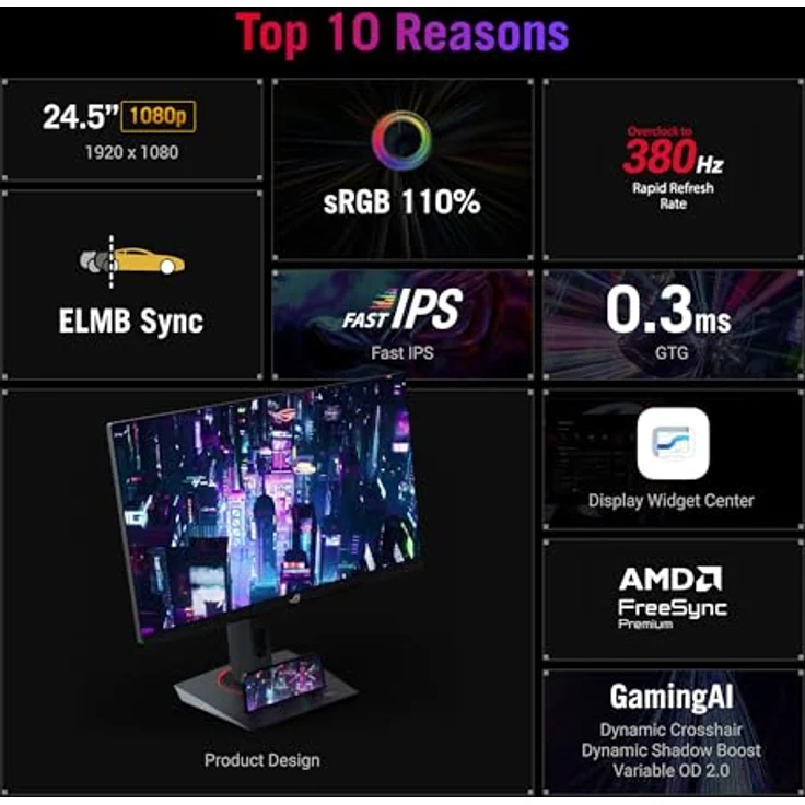 ASUS ROG Strix XG259QNS - 25 Zoll Esports Gaming Monitor - 380 Hz, 1ms GtG, FreeSync, AdaptiveSync, ELMB-Sync, DisplayHDR 400 - Fast-IPS, 16:9, 1920x1080, DisplayPort, HDMI, USB-Hub, ergonomisch – Bild 4