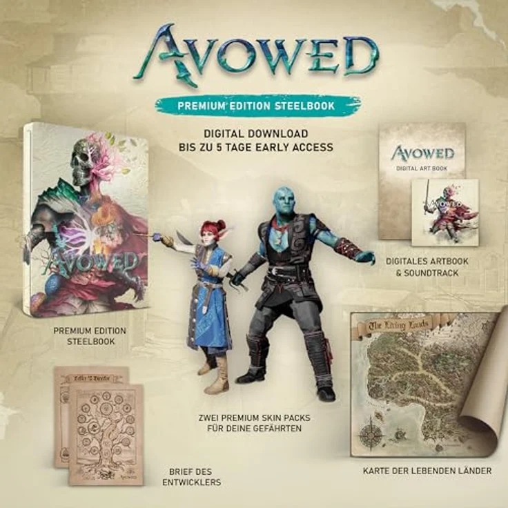 Xbox Avowed Premium Edition Steelbook, 5 Day Early Access, 2x Premium Skin Packs, digitales Artbook & Soundtrack, physische Karte der „Living Lands“ – Bild 2