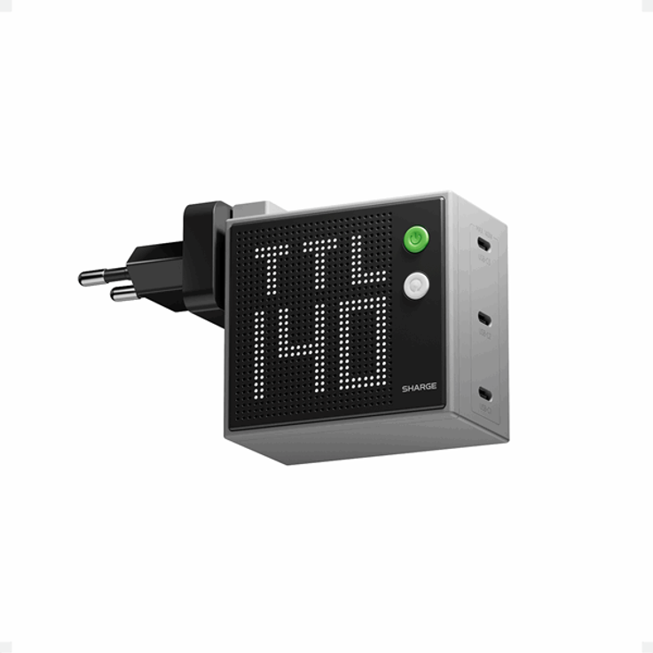 SHARGE Pixel 140W USB-C Charger, Graues GaN-Ladegerät mit 3 USB-C-Ports und Dot-Matrix-Display