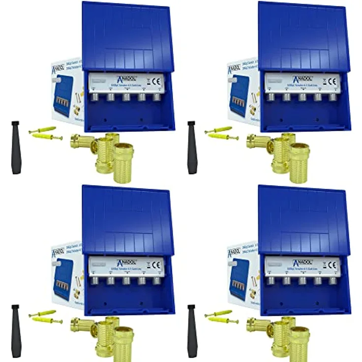 4X Anadol 4/1 Gold Line DiseqC Schalter mit Wetterschutz, Verteilung von 4 Satelliten auf 1 Teilnehmer, Full HD 4K, Switch für Sat Receiver + 20x vergoldet F-Stecker + Kabelbinder + Dübel Schrauben