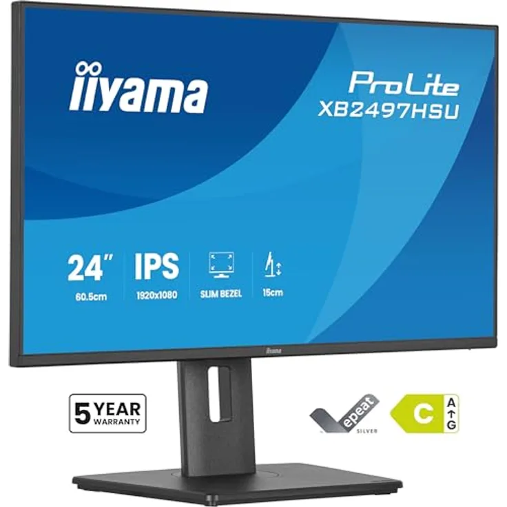 iiyama Prolite XB2497HSU-B1, 60,5cm (23,8") Full-HD IPS LED-Monitor mit 120Hz, HDMI, DP, USB-C, Höhenverstellung, Pivot, schwarz, Energieeffizienzklasse C