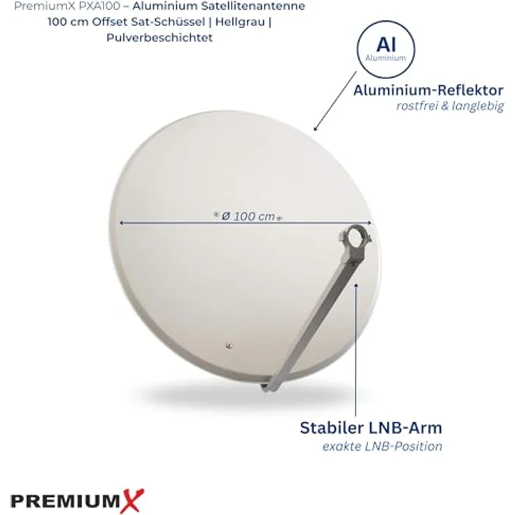Premium X PXA100, 100 cm Satellitenschüssel aus Aluminium in Hellgrau, mit LNB-Tragarm und Masthalterung, geeignet für UltraHD 4K Empfang – Bild 2