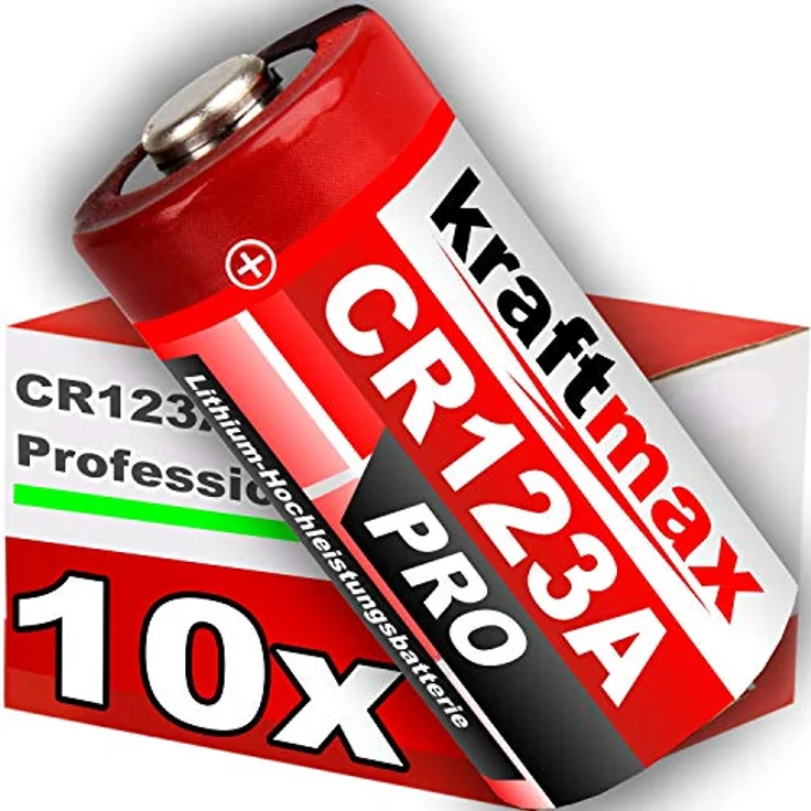 kraftmax 10er Pack CR123 / CR123A Lithium Hochleistungsbatterien, extrem geringe Selbstentladung, ideal für professionelle Anwendungen