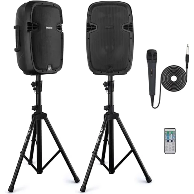 Pyle PPHP1049KT, 1000W PA Anlage Komplettset mit 2 Lautsprechern, Bluetooth-fähig, Mikrofon, USB/SD/MP3/AUX, mit 2 höhenverstellbaren Lautsprecher-Ständern, Schwarz – Bild 1