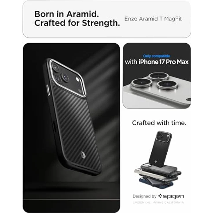 Spigen Enzo Aramid T MagFit Case für iPhone 17 Pro Max, Dünn Slim und Stoßfest mit 2025 Upgrade Kamerasteuerung - Black Silver – Bild 2