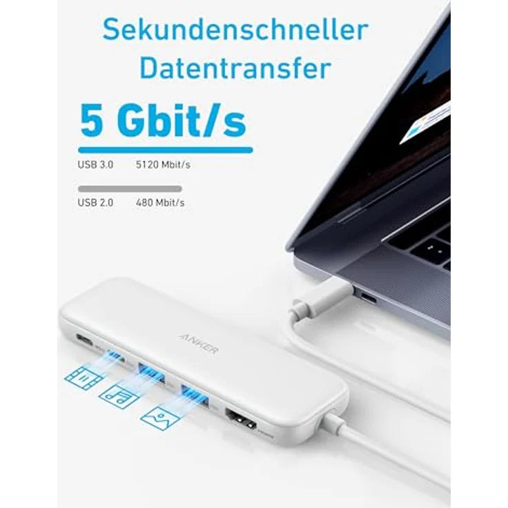 Anker 332 USB-C Hub (5-in-1) with 4K HDMI Display, 5Gbps - and 2 5Gbps USB-A Data Ports (Weiß) – Bild 4