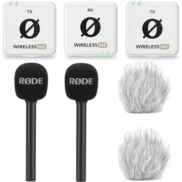 RØDE Wireless ME Dual Mikrofon Funksystem Weiss + 2X Interview GO Handadapter + 2X keepdrum Fell-Windschutz, Ideal für Videofilmer/Podcasts/Präsentationen