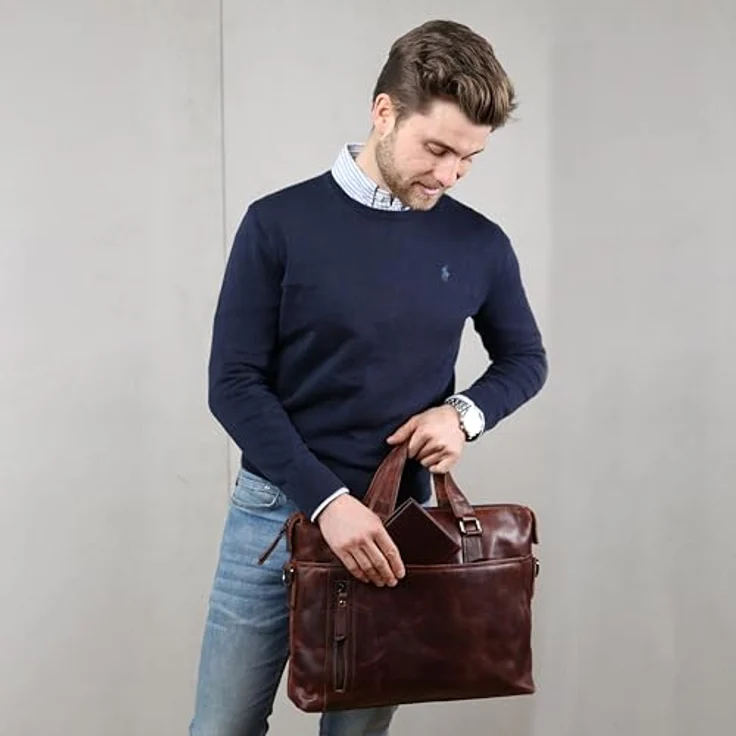 SID & VAIN große Laptoptasche London aus echt Leder - 15.4 Zoll Business-Tasche mit abnehmbarem Schultergurt - Ledertasche Herren Damen braun – Bild 2