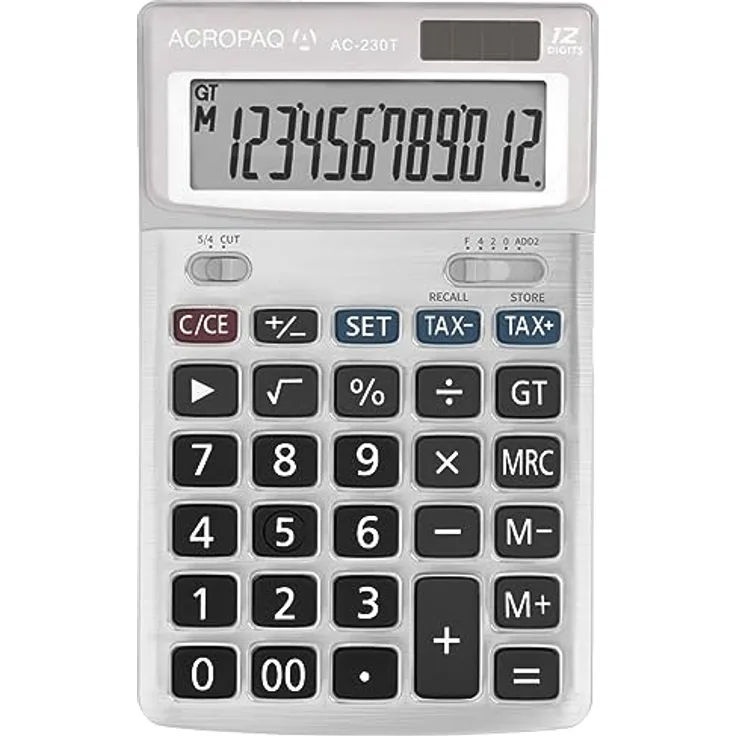ACROPAQ - Taschenrechner mit extra großen Tasten - 12 stelliges LC-Display, Dual Power (Batterie+Solar), Mit Speicher, Auf- und Abrundung, Schnellkorrektion,Vorzeichenänderung und vieles mehr - Weiß