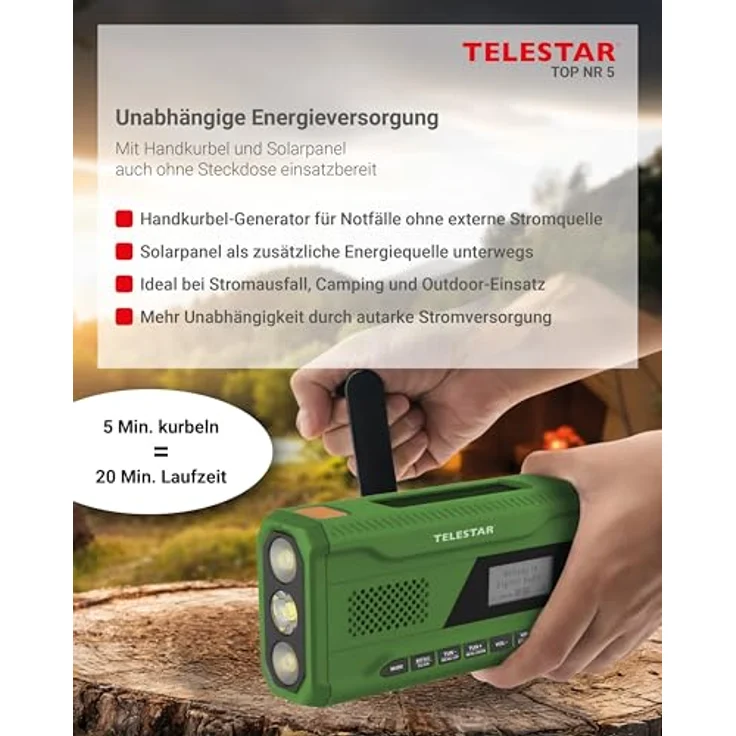 Telestar TELESTAR TOP NR 5 Notfallradio, Kompaktes Kurbelradio mit 4.000 mAh Akku, Solarpanel, Powerbankfunktion und Taschenlampe, Grün – Bild 3