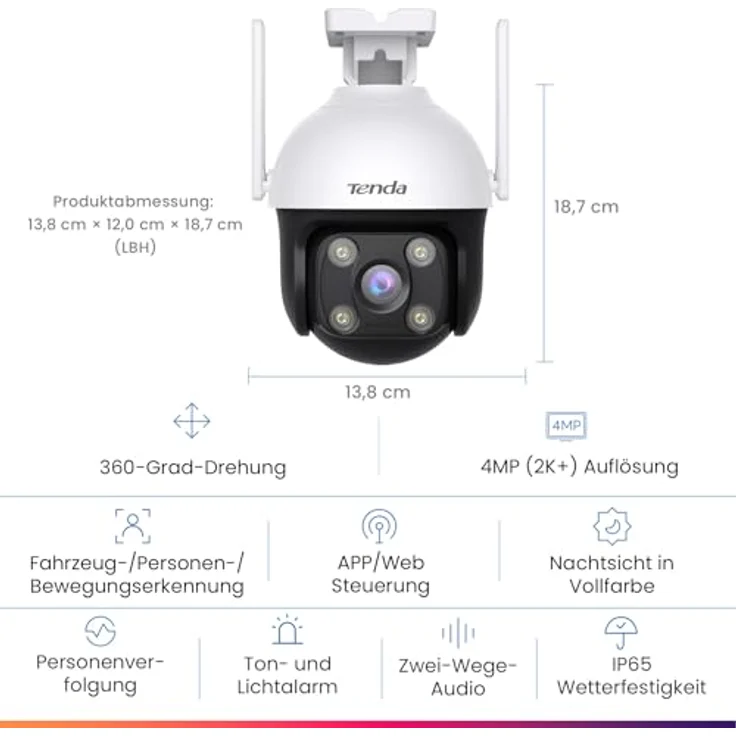 Tenda CH7 Überwachungskamera Aussen WLAN 2K+ mit 4MP, Nachtsicht in Farbe, 2-Wege Audio, AI Personen- und Fahrzeugerkennung, Ton- und Lichtalarm, APP/Web-Steuerung – Bild 2