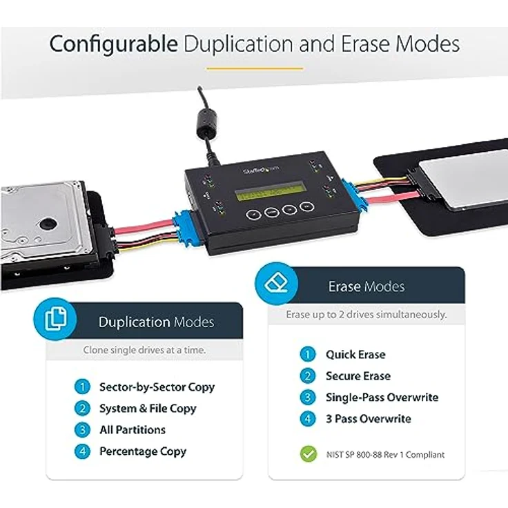 StarTech.com 1:1 Selbständige Festplatten Klonstation und Löscher, USB Stick und SATA HDD/SSD Disk Kloner und Löscher, LCD Bildschirm, TAA konform, OS unabhängig (SU2DUPERA11) – Bild 5