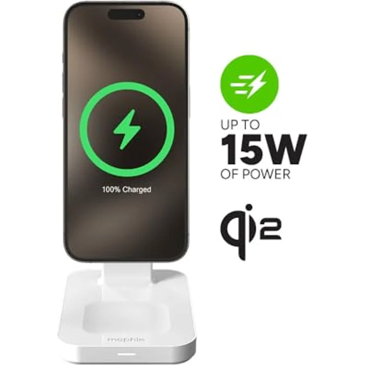 ZAGG mophie Snap Plus, 3-in-1 Drahtlose Schnellladestation [15W], iPhone/Airpod/Apple Watch/Qi2-tauglich, Gleichzeitiges Laden, Verstellbarer Kopf, Hoch/Quer Modus, [EU] (Weiss) – Bild 2