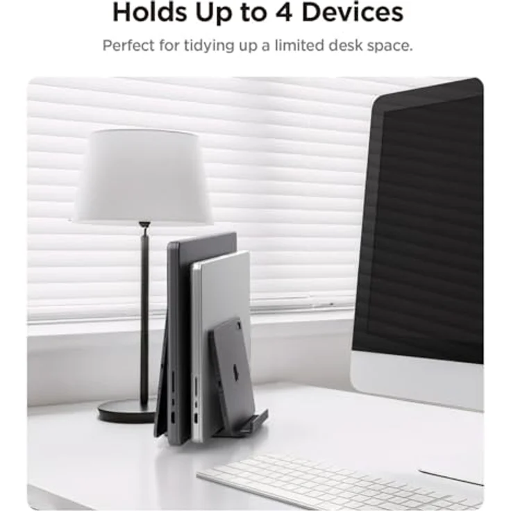 Spigen Vertikaler Laptop Ständer [4 in 1], Premium-Aluminium Organizer mit verstellbaren Slots, Silikonschutz, kompatibel mit MacBook Pro Air Mini Neo, iPad, iPhone 17 16 15, Galaxy, Pixel, Space Grau – Bild 2