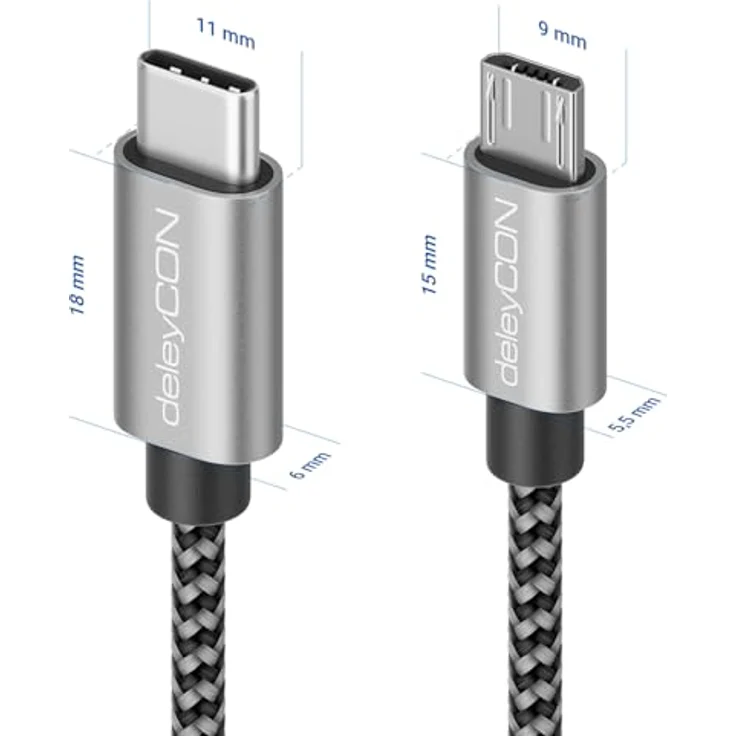 deleyCON 0,30m USB C auf Micro USB Kabel Adapter 30cm Kurz - Schwarz - Schnellladefunktion, Datenübertragung bis zu 480Mbps, Aluminiumgehäuse – Bild 2