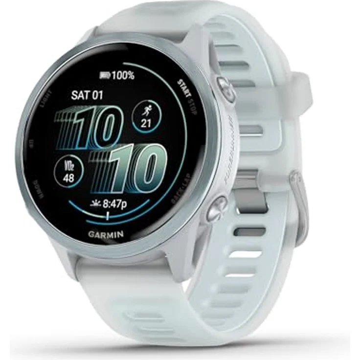 Garmin® Forerunner® 570, 42 mm, GPS-Lauf- und Triathlon-Smartwatch mit AMOLED-Display, wolkenblaues Aluminium und durchscheinendem Weißstein, integriertes Mikrofon, Trainings- und Erholungsfunktionen – Bild 1