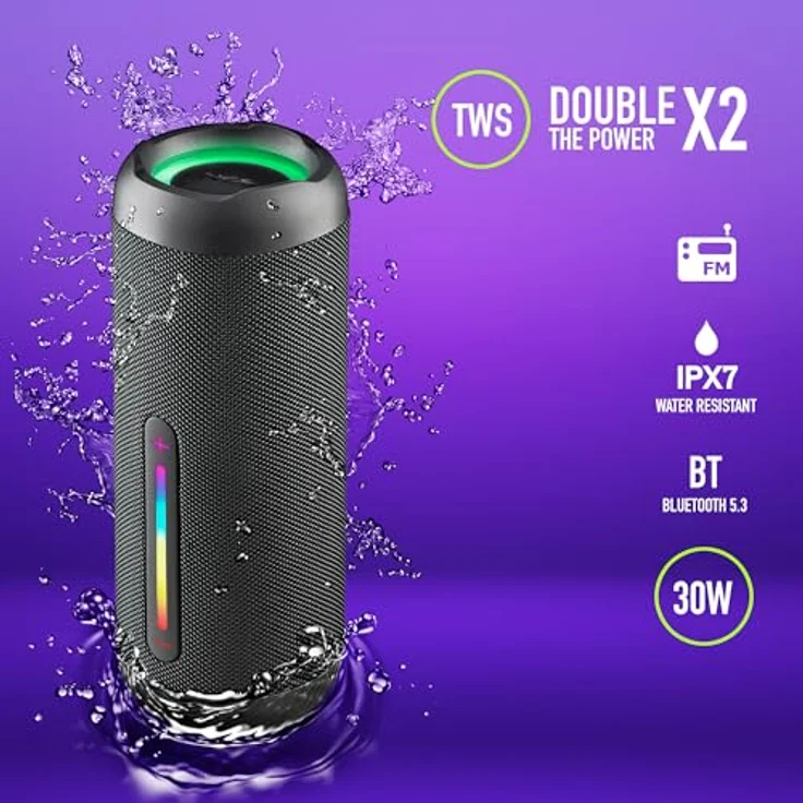 NGS Roller Furia 2 Black - Kabelloser Lautsprecher mit Bluetooth-Kompatibilität, IPX7-Wasserdichtigkeit, 30 W, True Wireless, USB, Batterielaufzeit 9 Stunden, Schwarz – Bild 2