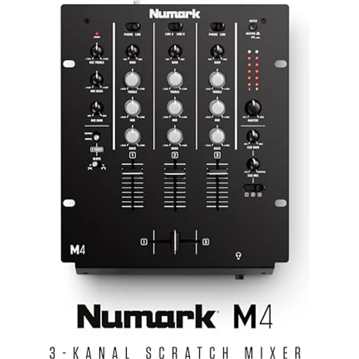 Numark M4 - 3-Kanal DJ-Scratch-Mixer, rack-einbaufähig, mit 3-Band-Equalizer, für die Disco ausgelegten Eingängen, Mikrofon-Eingang, austauschbarem Crossfader und Reverse--Slope-Reglern – Bild 6