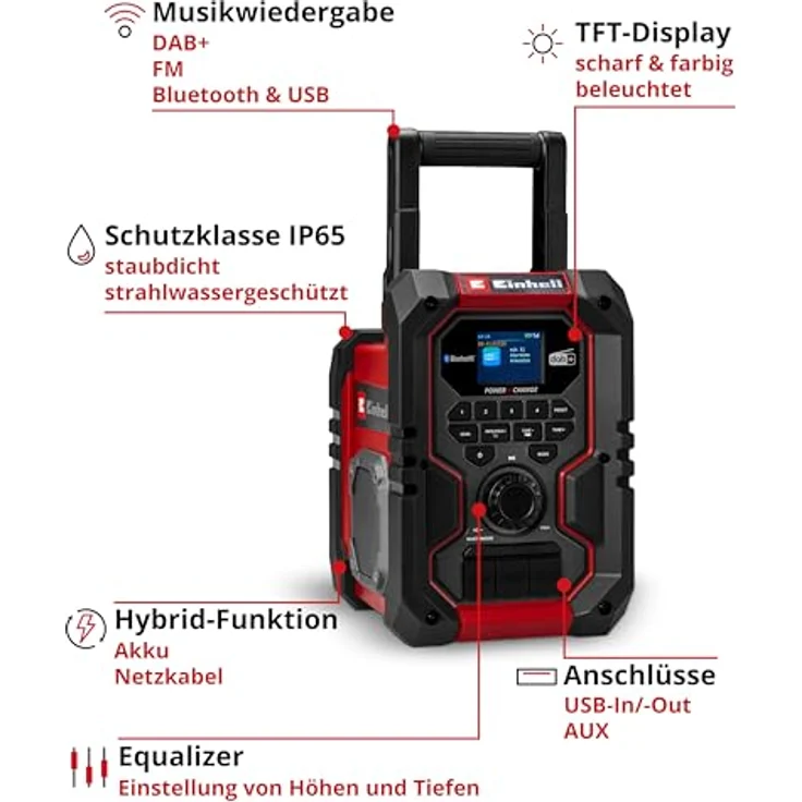Einhell Akku-Baustellenradio TE-CR 18 Li DAB+/FM/BT, IP65, Bluetooth, TFT-Display, Solobetrieb ohne Akku – Bild 3
