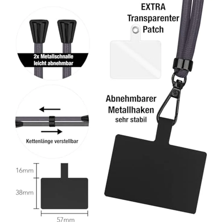 Nalia HoldMe Air Handykette Universal Smartphone, verstellbares Uni Lanyard mit Karabiner (schwarz), 160 cm, inkl. 2 Pads für Full-Cover Hüllen – Bild 3