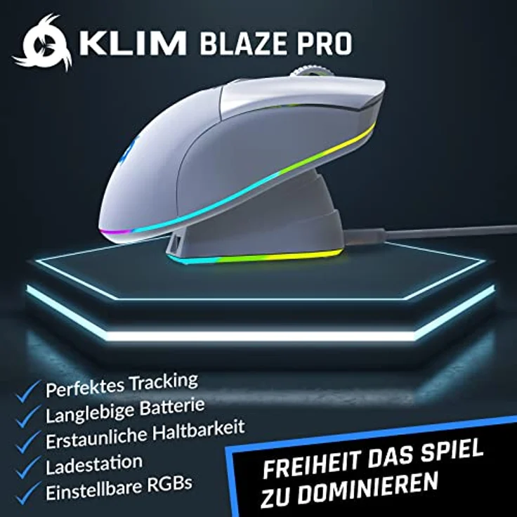 KLIM Blaze Pro - Gaming-Maus, kabellos, RGB wiederaufladbar, mit Ladestation, Weiß – Bild 2