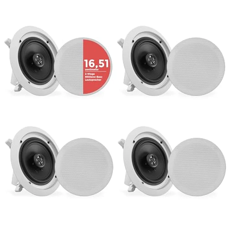 Pyle 16.5cm 4-Deckenlautsprecher, 200W Bluetooth Einbaulautsprecher mit 4-Kanal-Verstärker, 2-Wege Klang und wechselbaren Gittern – Bild 1