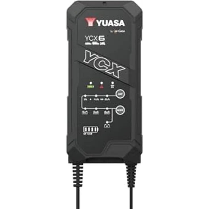 Yuasa GS Yuasa Spezial Smart Charger 12V YCX6 Ladegerät für AGM Lithium Gel Batterien, neunstufiger Lade- und Ladungserhalt-Prozess, schnelles Aufladen, Automatische Batteriediagnose, aktiv gekühlt