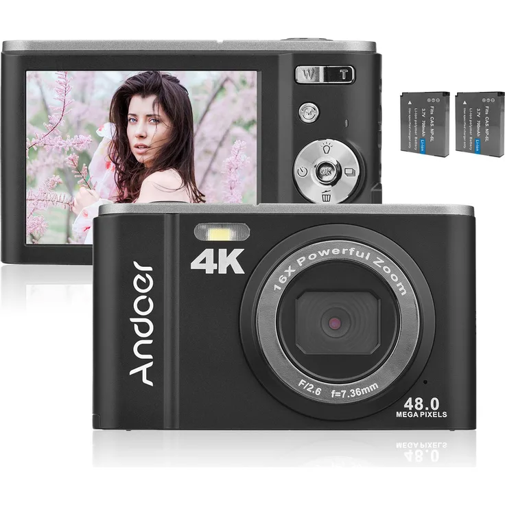 Andoer Tragbare Digitalkamera 48 MP 4K, 16-facher Zoom, 2,8-Zoll IPS-Bildschirm, Gesichtserkennung, Anti-Shaking, 128 GB erweiterbarer Speicher, schwarz mit 2 Batterien und Tragetasche