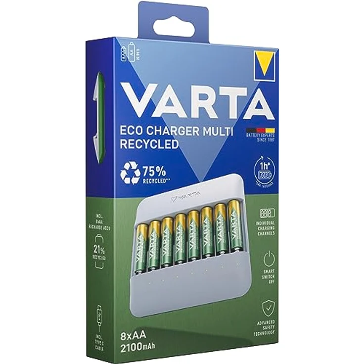 Varta Eco Charger Pro Multi, Akku Ladegerät inkl. 8x AA 2100mAh, wiederaufladbar für AA/AAA Batterien, 75% recyceltes Gehäuse – Bild 2