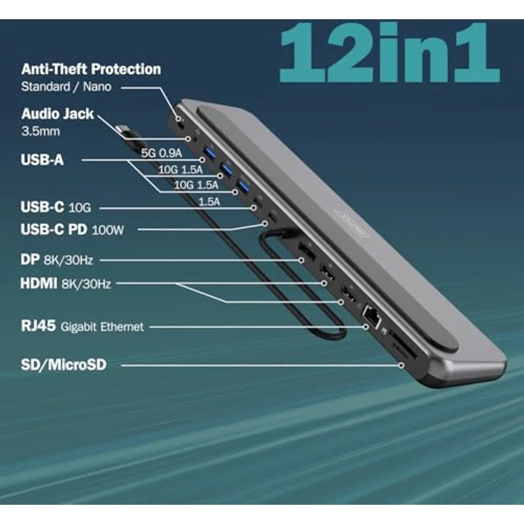 DIGITUS USB-C Docking Station 12-Ports, 2x HDMI, 1x DP UHD 8K 30Hz, 2x USB-A 3.2 Gen2, 1x Typ-C 3.2 Gen2, 1x Typ-A 3.2 Gen1, RJ45, Kartenleser, 3,5mm Audio, Grau – Bild 2
