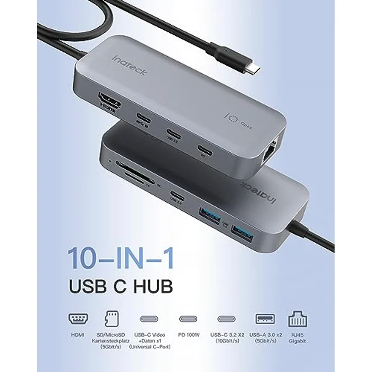 Inateck HB2030, 10 in 1 USB C Hub mit 4K 60Hz HDMI, 100W PD, 10Gbps USB 3.2 C, RJ45 Ethernet, SD/TF, kompatibel mit Windows, Linux und macOS – Bild 3