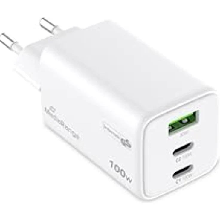 MediaRange 100W GaN Schnellladeadapter (EU-Stecker), 2x USB-C und 1x USB-A, unterstützt Power Delivery 3.0 und Quick Charge™, Weiß – Bild 3
