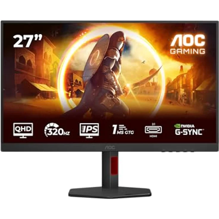 AOC Q27G4SRU 27 Zoll WQHD Monitor, 320Hz Fast IPS Panel, 1ms GtG, HDR400, FreeSync Premium, G-Sync Comp., Höhenverstellung, Lautsprecher, Schwarz/Rot – Bild 2