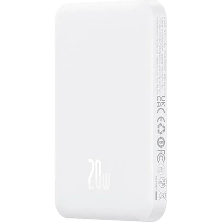 Baseus Mini-Powerbank 5000 mAh 20 W + USB-C-Kabel (20 V/3 A) – Weiss, Magnetische Mini-Powerbank mit grosser Kapazität