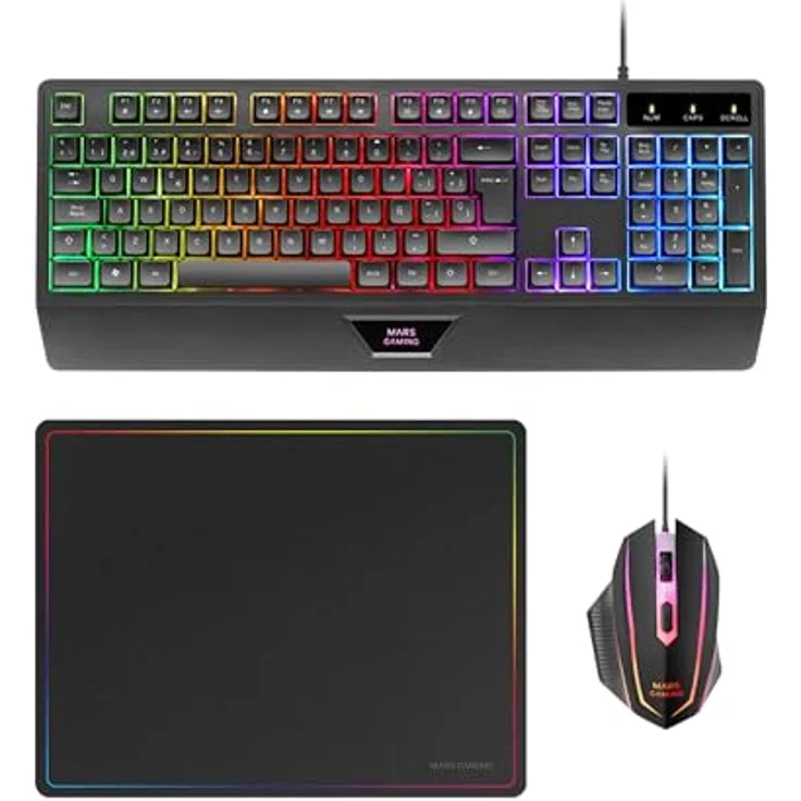 Mars Gaming MCP124, 3in1 Gaming Combo mit ergonomischer H-Mech LED RGB Tastatur, RGB Maus 3200DPI, Nanotextil-Mauspad 360x260mm, Multiplattform-kompatibel, Schwarz – Bild 1