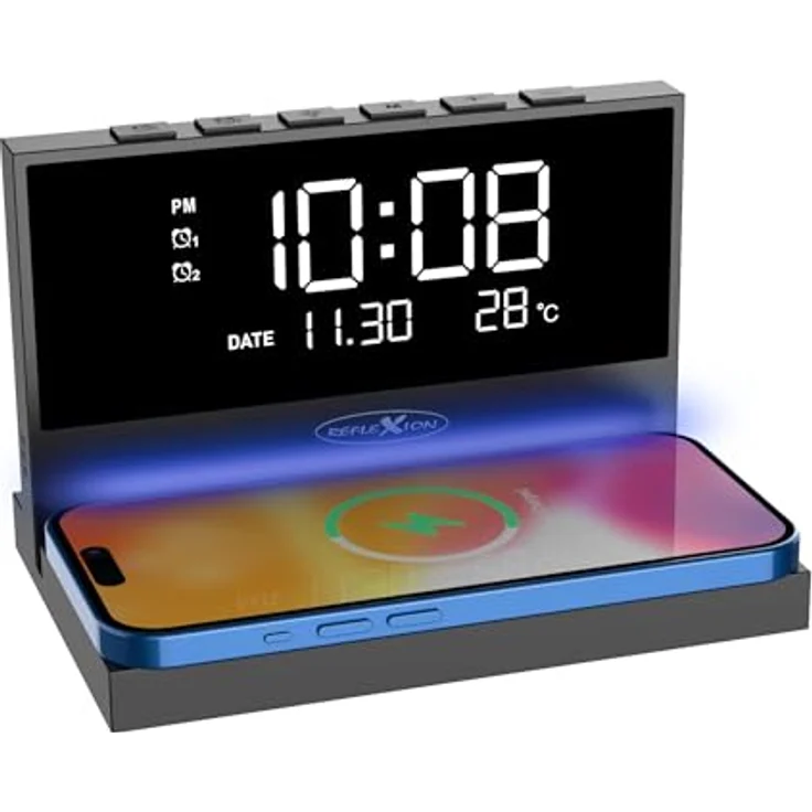 REFLEXION ACW2188 Wireless Charger, Wecker mit kabellosem Ladegerät, Großes Display für Uhrzeit, Datum und Temperatur, 2 Weckzeiten, Nachtlicht, USB Ladefunktion – Bild 4