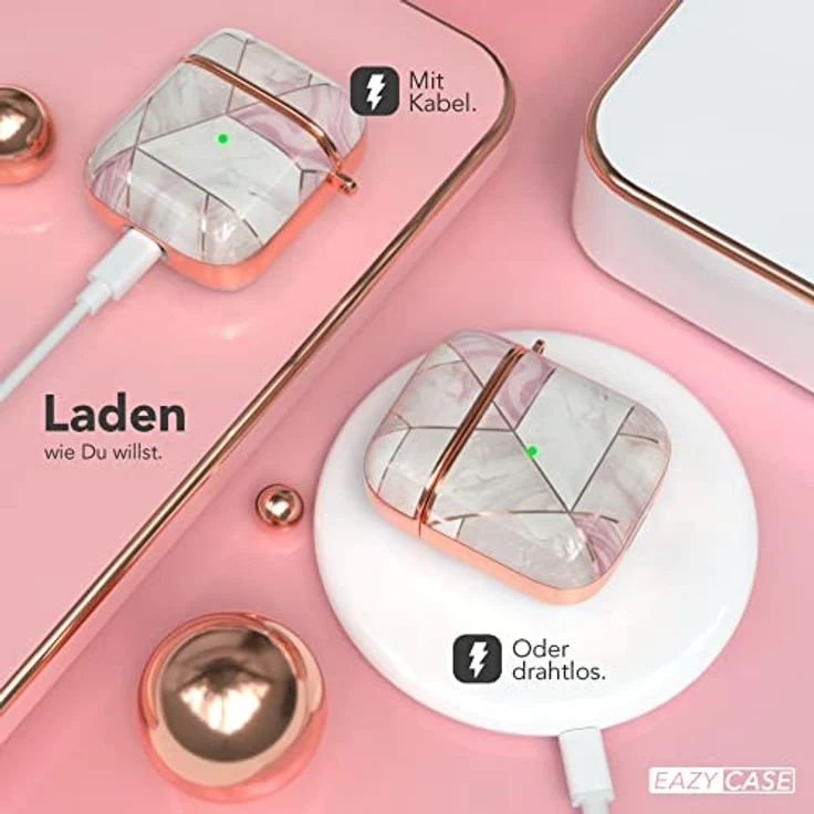 EAZY CASE Schutzhülle für AirPods 1 & 2 Hülle Pink Hard Case Stoßfest mit Karabiner rutschfest Rosé Marmor Design – Bild 5