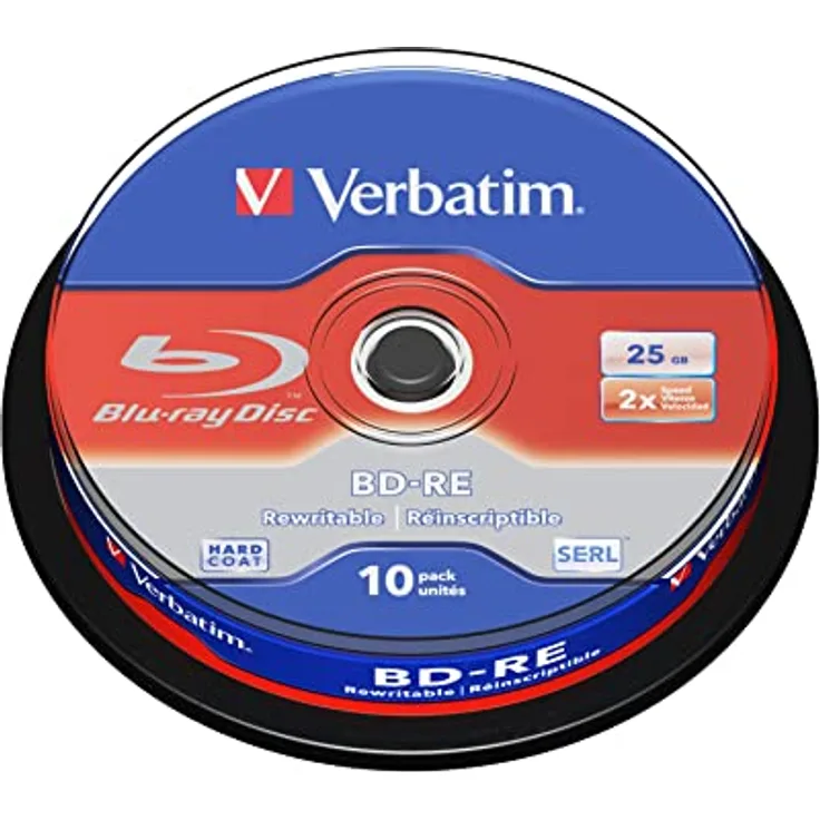 Verbatim BD-RE Single Layer Blu-ray Rohlinge 25 GB, Blu-ray-Disc mit 2-facher Schreibgeschwindigkeit, mit Kratzschutz, 10er-Pack Spindel, Blu-ray-Disks für Video- und Audiodateien