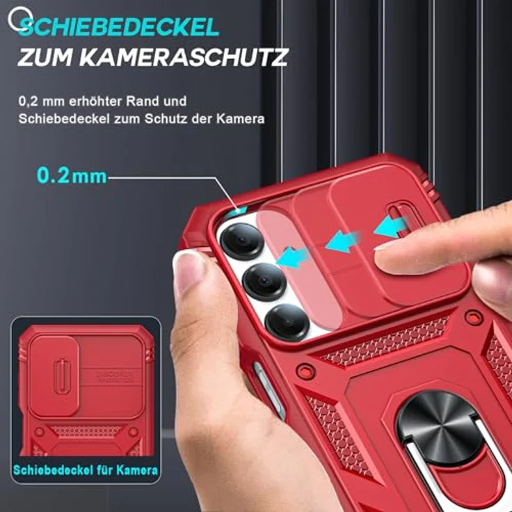 LeYi Kameraschieber Hülle für Samsung Galaxy A16 5G, Militärschutz Cover mit Schiebekamera Abdeckung, rot, inkl. 2 Displayschutzfolien, Stoßfest und drehbarem Metallring – Bild 2