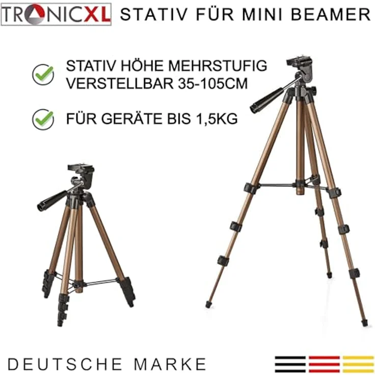 TronicXL Tripod19P, Projektor Beamer Stativ mit 3-Wege-Panoramakopf, max. Höhe 105cm, für Geräte bis 1,5kg, inkl. Transporttasche – Bild 6