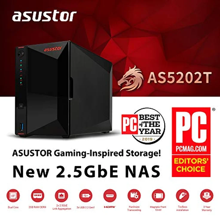 Asustor Nimbustor 2 NAS Desktop Eingebauter Ethernet-Anschluss Schwarz J4005 (AS5202T) – Bild 3