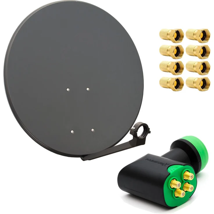 PremiumX SAT Anlage 80cm Antenne Anthrazit mit GreenDiamond Quad LNB für 4 Teilnehmer, HDTV, FULLHD, 3D TV tauglich